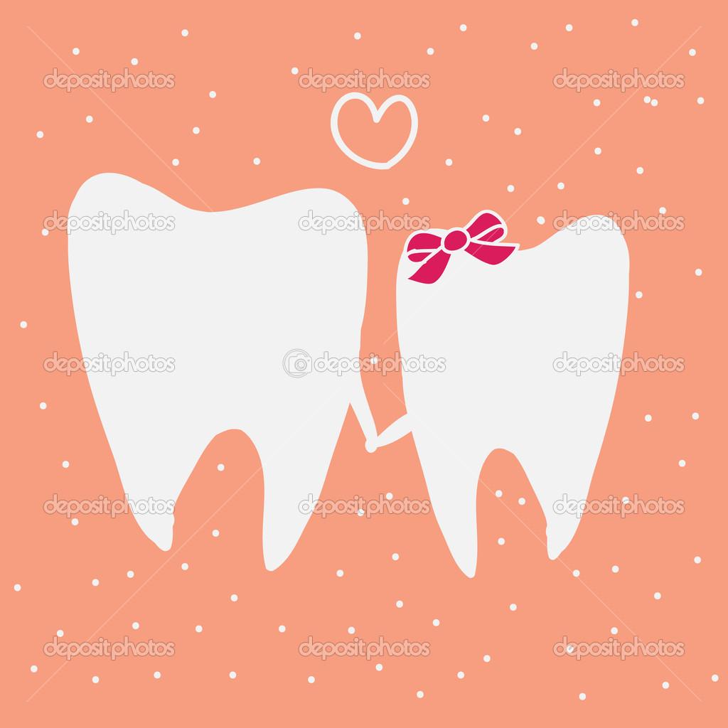Two tooths. Мультяшный зубик. I Love you Tooth. Детский фон с зубиками. Vector Gum.